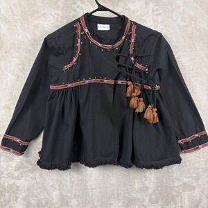 Pull&Bear Black Embroidered Boho Tassel Studded Fringe Linen Blend Jacket M Folk
